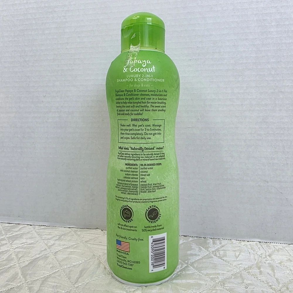 NIB~TropiClean Papaya &Coconut Luxury 2-in-1 Shampoo & Conditioner for Pets 20oz